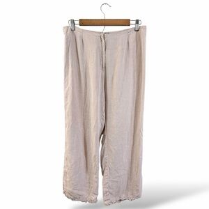 120% Lino Wide Leg Linen Pants Size 46 Taupe Tan Gray Ruffle Hem Cropped Ankle
